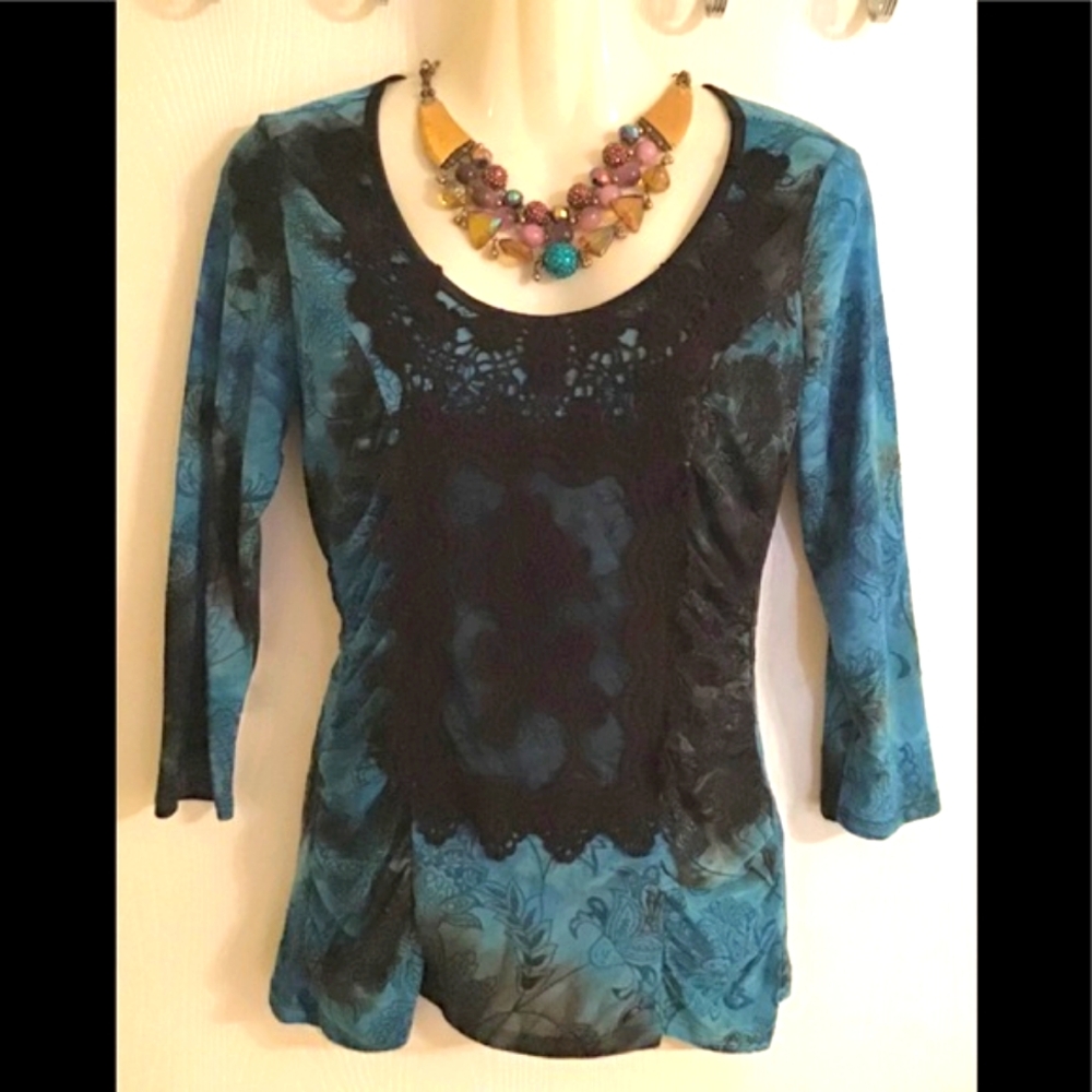 CATO shirt long sleeve size S royal blue black lace great winter color
